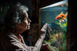 an old lady knocking on an aquarium with goldfish, she has curiosity