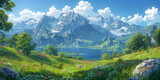 Fototapeta Natura - Japanese or fantasy eastern landscape. Spring summer autumn. Beautiful natural mountain place. Panorama background. Digital painting. Poster, invitation, flyer, banner, header. Generative Ai content