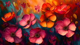 Fototapeta Dmuchawce - Oil paintings of abstract flowers and leaves. Sprinkled paint on smooth paper, giving the paper a golden texture. Prints, wallpapers, posters, cards, murals, rugs, hangings, wall art, posters.