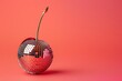 Even fruits can`t stop dancing. A cherry as a discoballs against trendy coral background. Negative space to insert your text. Modern design. Contemporary art collage. Concept of food, summer, weekend.