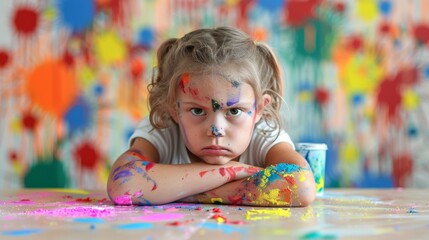 Poster - A little girl with paint on her face sitting in front of a colorful wall, AI