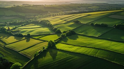 Wall Mural - Green Fields. Aerial View of Rural Wales Farmlands from Up High