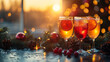 Two glasses of mulled white wine with cranberries and berries on table at sunset, sunset, celebration, drink, night