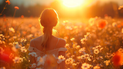 Wall Mural - Woman in field of flowers at sunset, beauty in nature, grass, white ethnicity