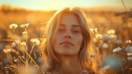 Wall Mural - Beautiful woman in field of flowers, smiling, portrait, sunlight, sun