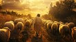 A man walking through a field of sheep with the sun behind him, AI