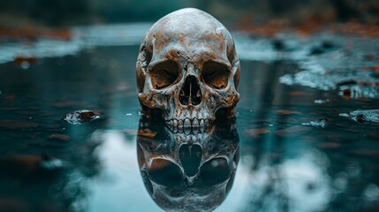 A skull is sitting in the water with leaves on it, AI