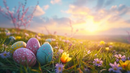 Poster - Easter eggs in the grass with flowers and sun, AI