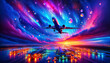Airplane ascending amidst vibrant cosmic skies over a lit runway.