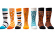 Five pairs of socks displaying unique and quirky designs laid out together