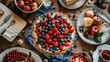 A table topped with a fruit pie and other food items, AI