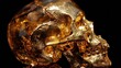 A golden skull sitting on a black surface with shiny reflections, AI