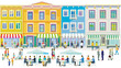 Stadtsilhouette mit Menschengruppen in der Freizeit im Wohnviertel mit Gastronomie  Illustration