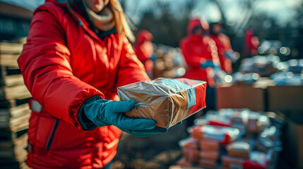 Close up of a female emergency relief volunteer in a red jacket and blue gloves handing out boxes with food to people during an emergency