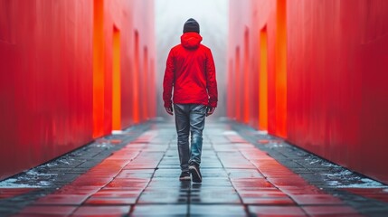 Canvas Print - A man walking down a walkway in the rain wearing red jacket, AI