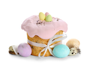 Tasty Easter cake and painted eggs isolated on white background