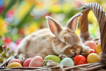 Wall Mural - A cute easter bunny sleeping in a basket of easter eggs