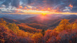 A breathtaking sunrise over the Blue ridge Mountains, with vibrant orange and pink hues painting the sky above rolling hills of autumn foliage. Created with Ai