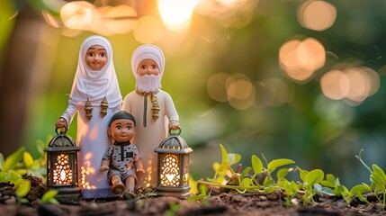 3D Muslim family decor with Ramadan decor with a simple background