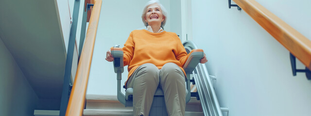 Wall Mural - Elderly lady on stairlift chair