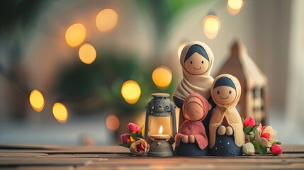 3D Muslim family decor with Ramadan decor with a simple background