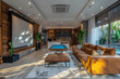 A large living room with leather sofas, wood walls and floors, one wall has a built-in projector screen, there is an outdoor pool in the background. Created with Ai