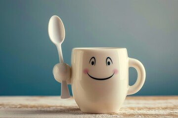 Funny smiling coffee cup holding a spoon in its hand