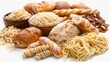 A pile of bread, pasta and other food items on a white table, AI