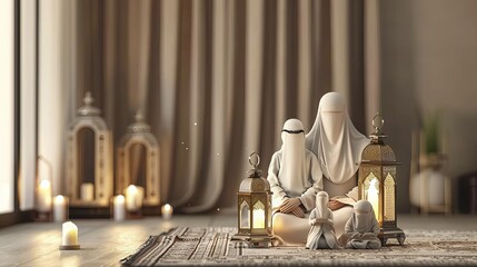 3D Muslim family decor with Ramadan decor with a simple background