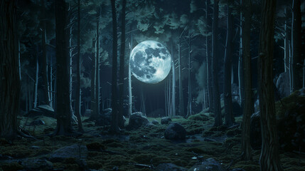 Wall Mural - Spooky foggy haunted forest with full moon and creepy trees and mist, Halloween theme background 