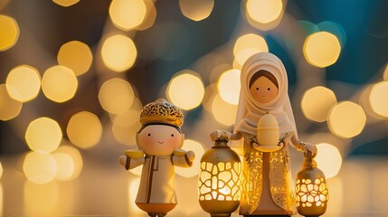 3D Muslim family decor with Ramadan decor with a simple background