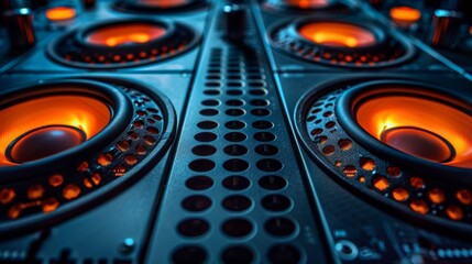 Canvas Print - A close up of a speaker system with orange lights on it, AI