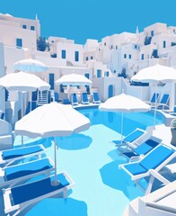 Poster - a small outdoor swimming pool with chairs and umbrellas is shown, in the style of aykut aydogdu, advertisement inspired, website, panorama, villagecore, white and blue, double lines 