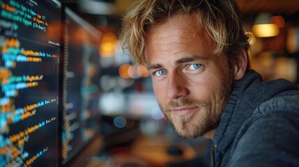 handsome male programmer working on code on his screen