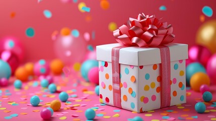 Sticker - A gift box with a bow and confetti on pink background, AI