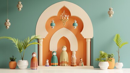 Wall Mural - 3D Muslim family decor with Ramadan decor