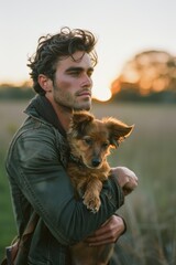 Wall Mural - handsome young man is carrying a dog in his arms