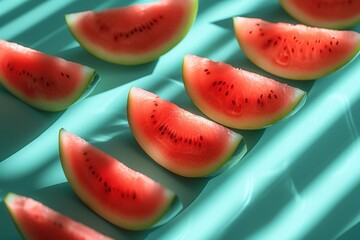Wall Mural - Fresh slices of watermelon arranged in a row on blue background, juicy and delicious summertime fruit concept