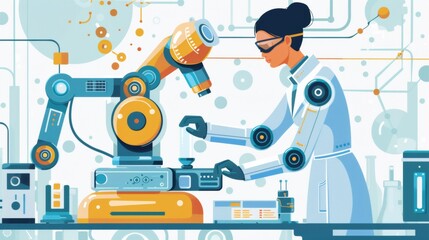 Poster - A woman in lab coat working on a machine with other machines, AI