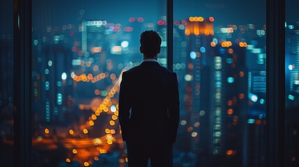 Wall Mural - A man in suit looking out of window at city lights, AI