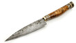 A knife with a wooden handle and a silver Damascus blade isolated over a white background