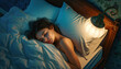 Tranquil Bedroom Scene: Top view of a beautiful young woman sleeping comfortably in her bed, with gentle lamppost light casting a serene glow