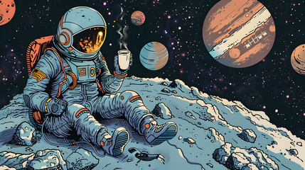 illustration of cartoon astronaut drinking a cup a coffee in space