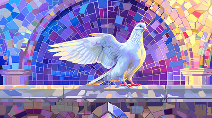 Wall Mural - White dove flying, church colored window mosaic illustration