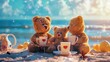 Bears on Beach and Table: Three fluffy teddy bears, adorable toys with love and holiday vibes, sitting on a beach and a table, creating a cute and heartwarming scene for a child's playful joy