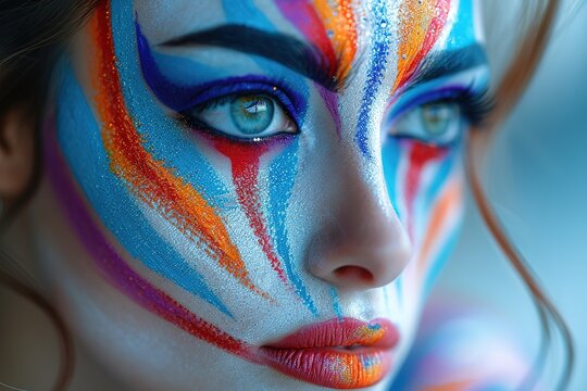 Render a makeup artist experimenting with vibrant, artistic face painting designs