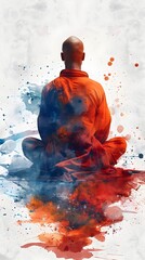 Wall Mural - Serene Monk in Vibrant Watercolor Meditation Imagery with Cinematic Prime Close-Up Effect