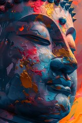 Sticker - Vibrant Fauvism-Inspired Serene Buddha Statue in Tropical Watercolor Palette with Photographic Cinematic Style