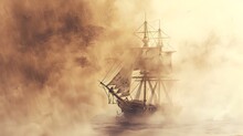 Weathered Pirate Ship Braving The Stormy Seas In A Moody Monochromatic Watercolor