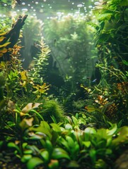 Wall Mural - A lush green jungle with a variety of plants and fish swimming in the water. The fish are small and colorful, adding a vibrant touch to the scene. Scene is peaceful and serene, as the plants